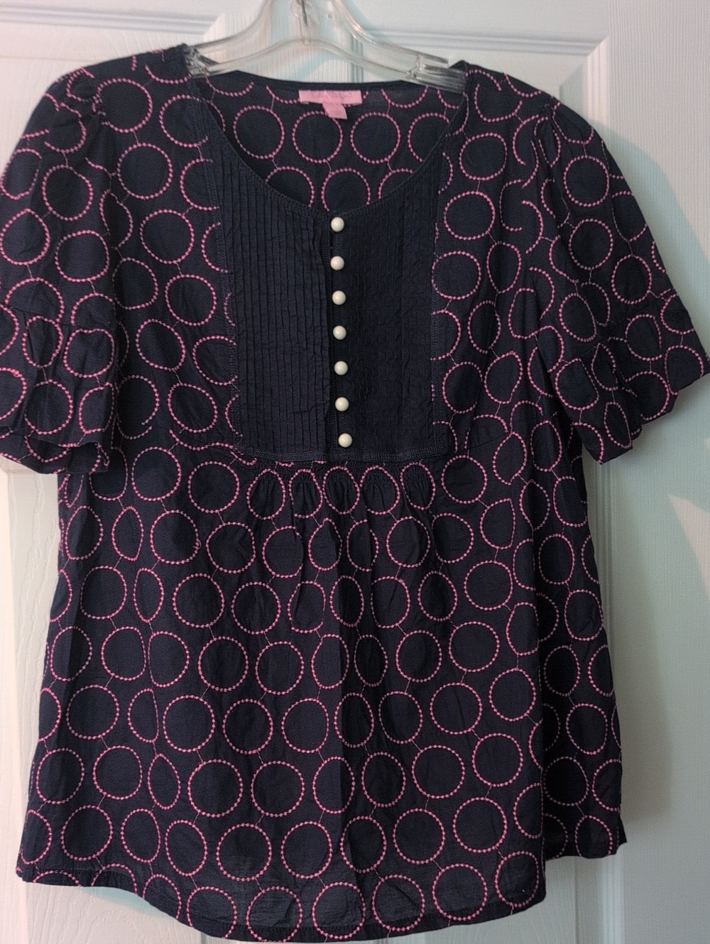 Lilly Pulitzer Navy Blouse with Pink Circle Embroidery
